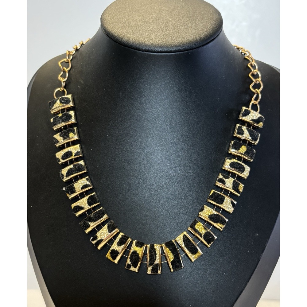 Y2K Leopard Print Flocked Gold Tone Bib Necklace 23.5" Lightweight